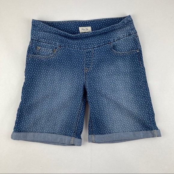 Per Se Jean Shorts Womens Medium Blue Denim White Stars Rolled Hem Pull On - Picture 1 of 7